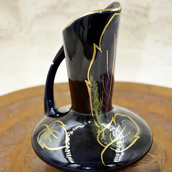 Carafe Sarreguemines France Noir Vernie Décor Feuille D'or Peint à La Main