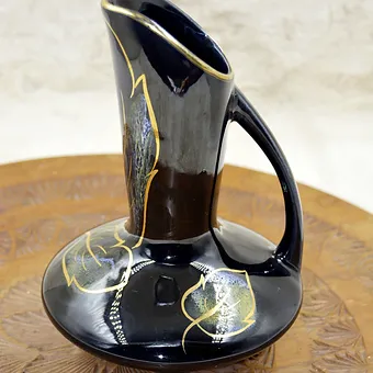 Carafe Sarreguemines France Noir Vernie Décor Feuille D'or Peint à La Main