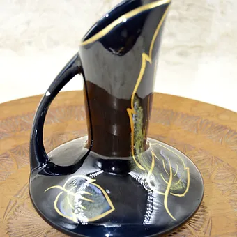 Carafe Sarreguemines France Noir Vernie Décor Feuille D'or Peint à La Main