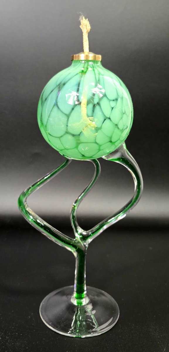 Lampe à Huile Design type Krosno - Verre Soufflé Vert Moucheté - Vintage