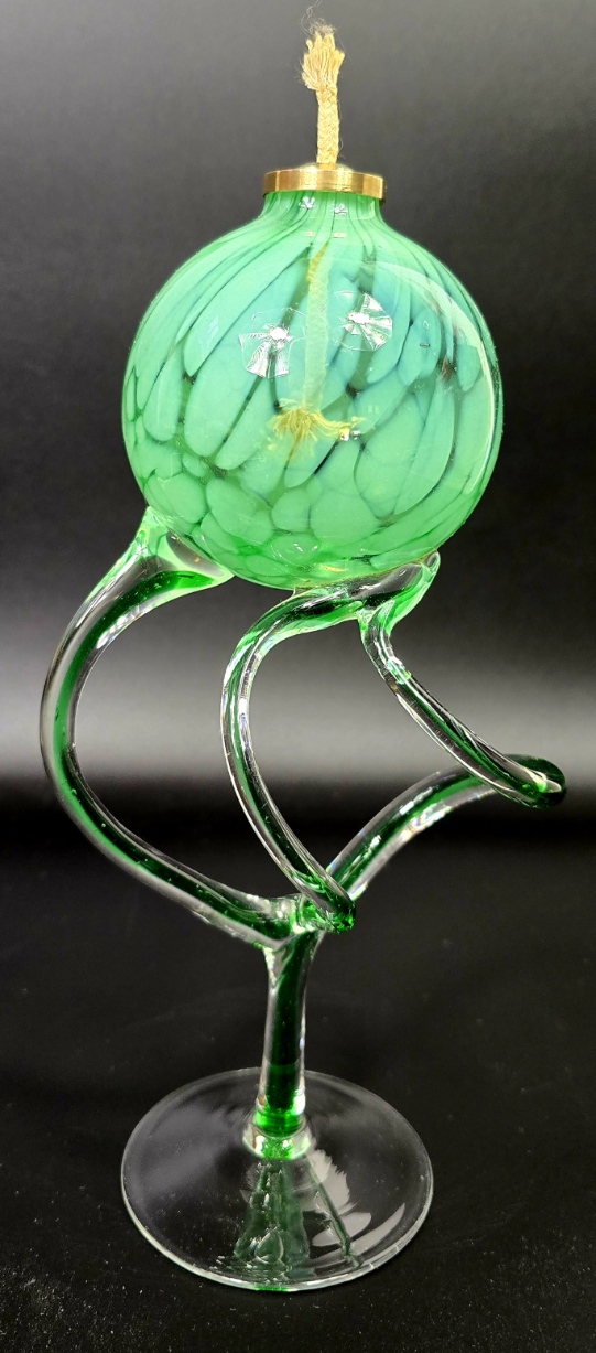 Lampe à Huile Design type Krosno - Verre Soufflé Vert Moucheté - Vintage