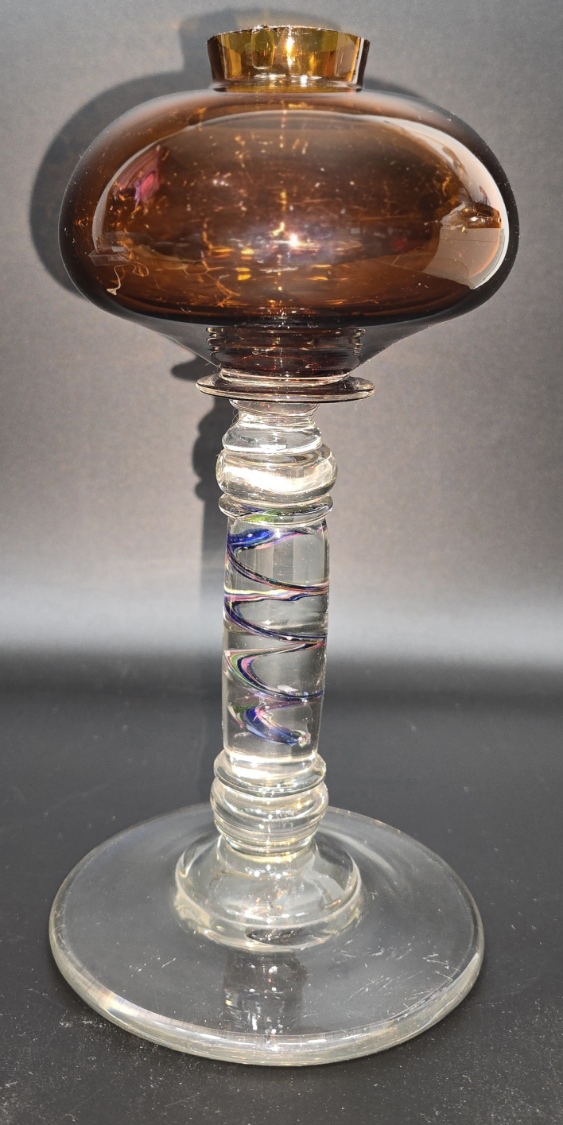 Lampe à Huile en Verre Soufflé Murano Ambre et Pied Torsadé Multicolore - 1970s